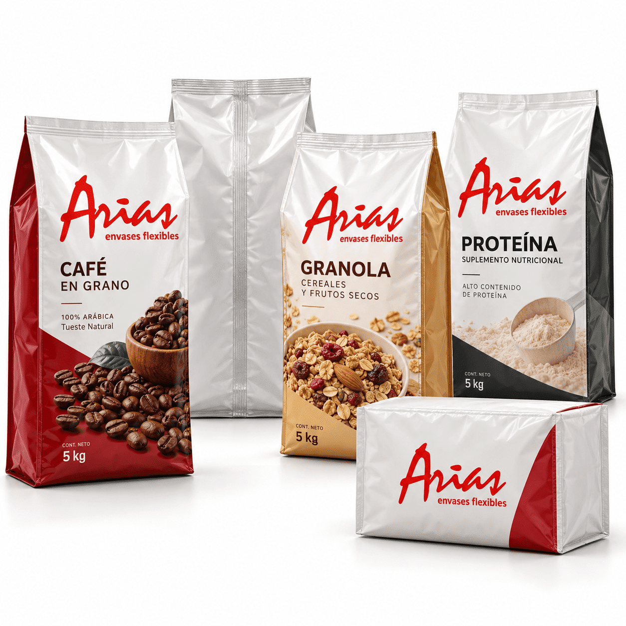 Bolsas con soldadura dorsal para café, granola y proteína en polvo