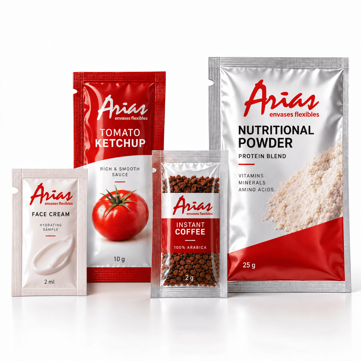 Sobres Sachet personalizados para crema, salsa, café y suplementos en polvo